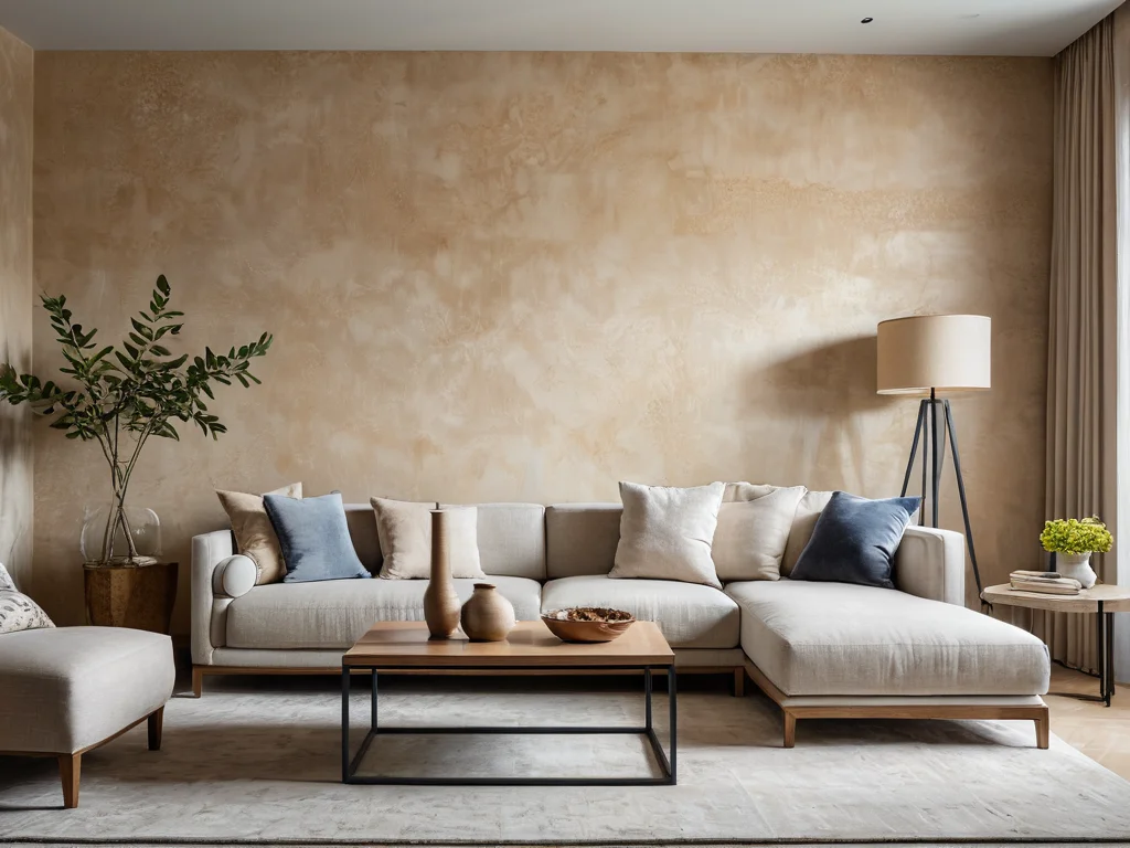 Гостиная, бежевые тона, диван, декоративная штукатурка, ковер, растения, лампа, современный дизайн, уют.