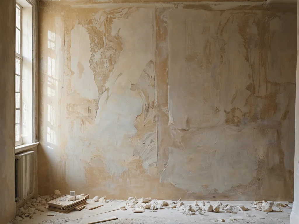 Крупный план стены с ошибками при нанесении декоративной штукатурки 