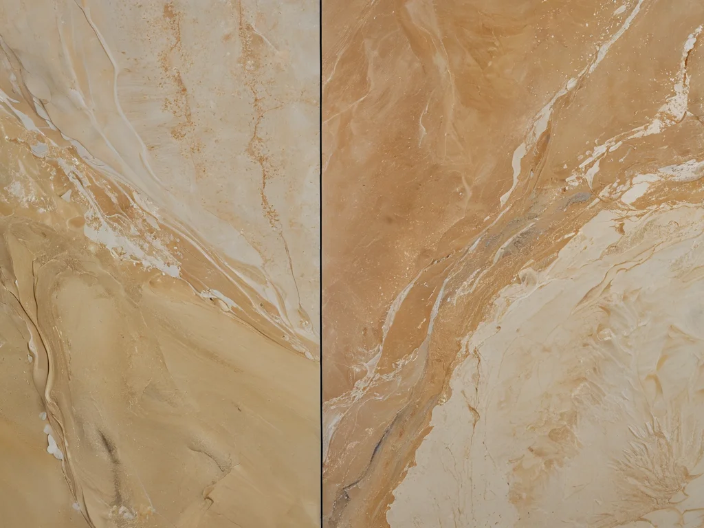 Крупный план, демонстрирующий разницу между гладкой, мраморной текстурой венецианской штукатурки и матовой поверхностью обычной краски.