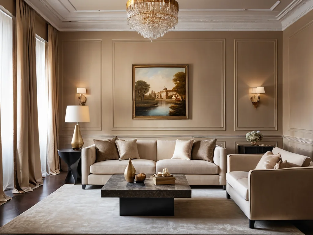 Гостиная в стиле модерн-классика с стенами, отделанными венецианской штукатуркой теплых бежевых тонов, с уютным диваном и элегантным декором.