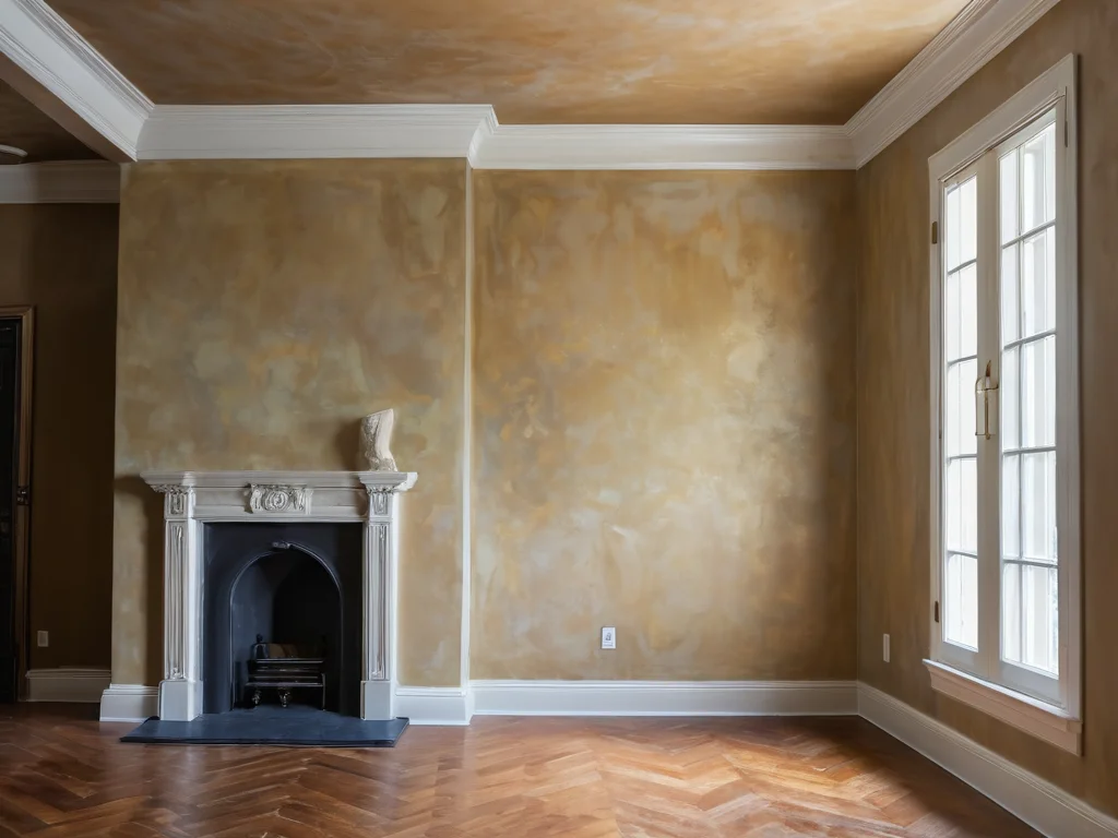 Просторная комната с камином, декоративная штукатурка на стенах, бежево-коричневая цветовая гамма, большое окно, классический стиль.