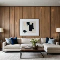 Living room, modern style, wooden wall paneling, beige sofa, blue pillows, abstract art, neutral color palette, elegant design.