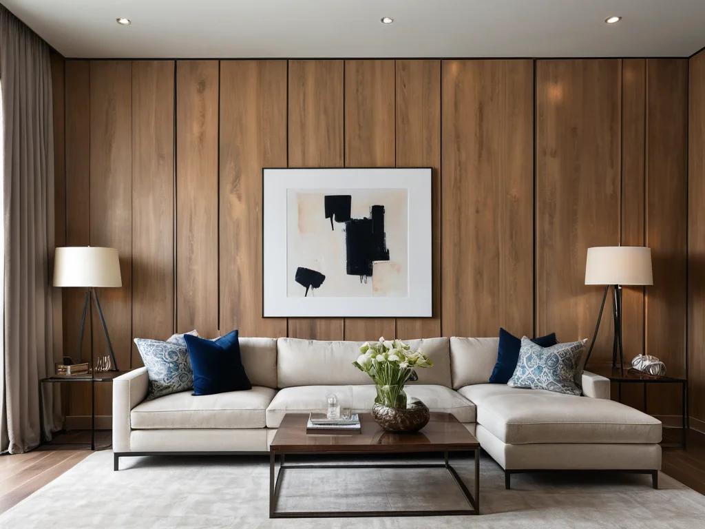 Living room, modern style, wooden wall paneling, beige sofa, blue pillows, abstract art, neutral color palette, elegant design.