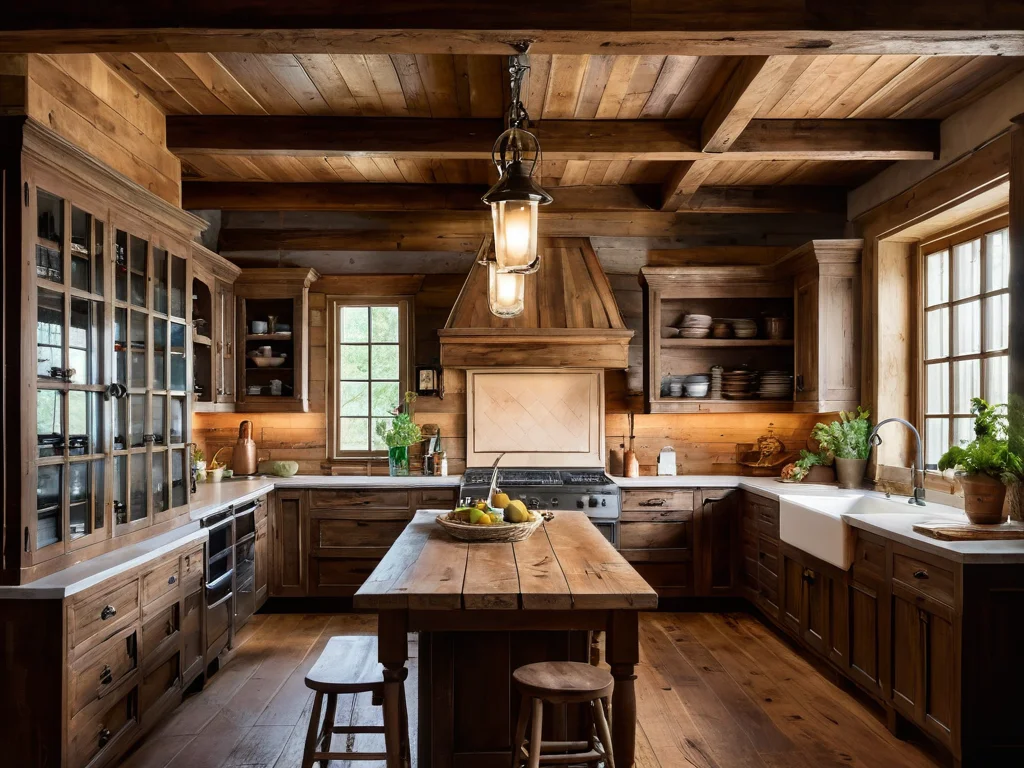Country kitchen with aged wood paneling on the walls in a farmhouse style, with exposed beams and warm lighting.
