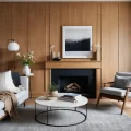 Living room, modern style, wooden wall panels, gray sofa, fireplace, neutral color palette, comfortable and inviting.