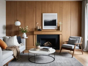 Living room, modern style, wooden wall panels, gray sofa, fireplace, neutral color palette, comfortable and inviting.