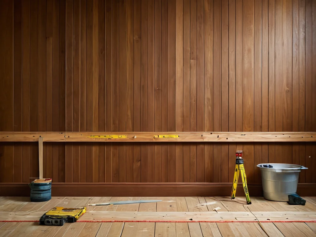 Preparation process for wood paneling installation: tools, tape measure, and level demonstrating thorough renovation work.