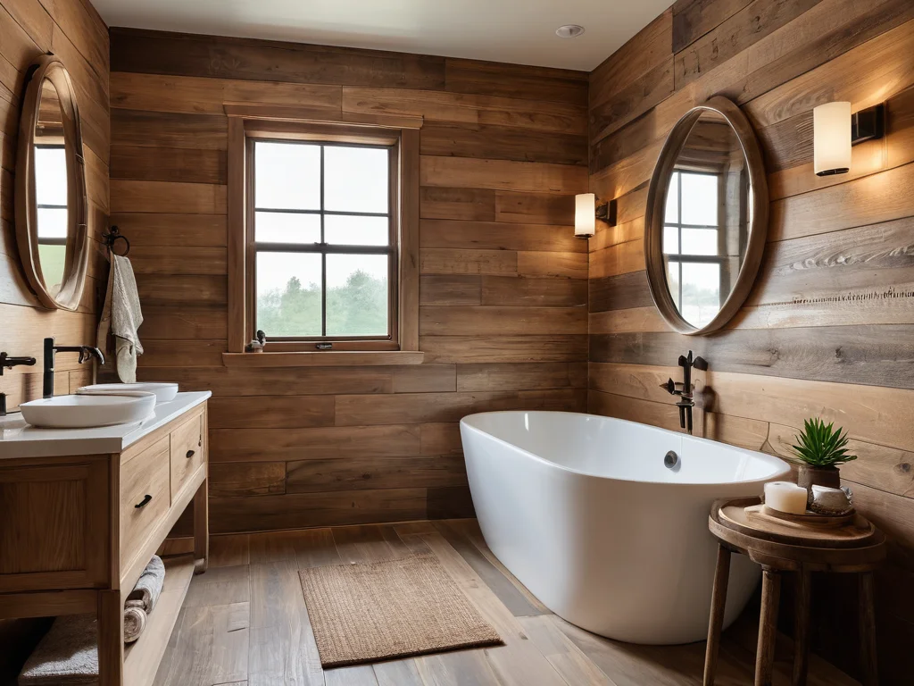 Bathroom interior with wooden wood paneling on the walls, moisture-resistant and elegant, in a spa style with warm tones.