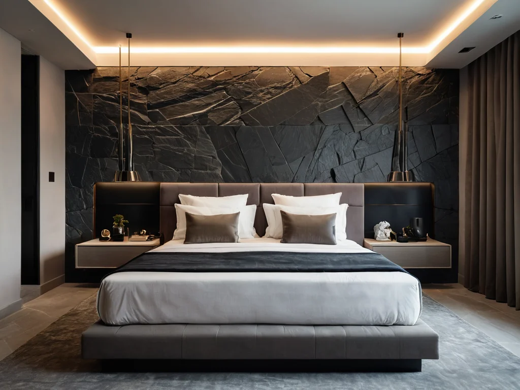 Modern bedroom with an elegant dark slate decorative stone wall in a minimalist style, photorealistic image.