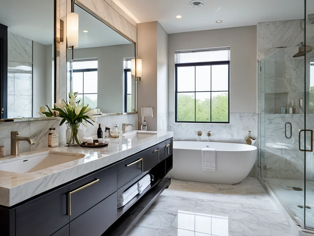 Modern style bathroom with a wall clad in light marble decorative tiles, with natural lighting creating a spa atmosphere, photorealistic image.