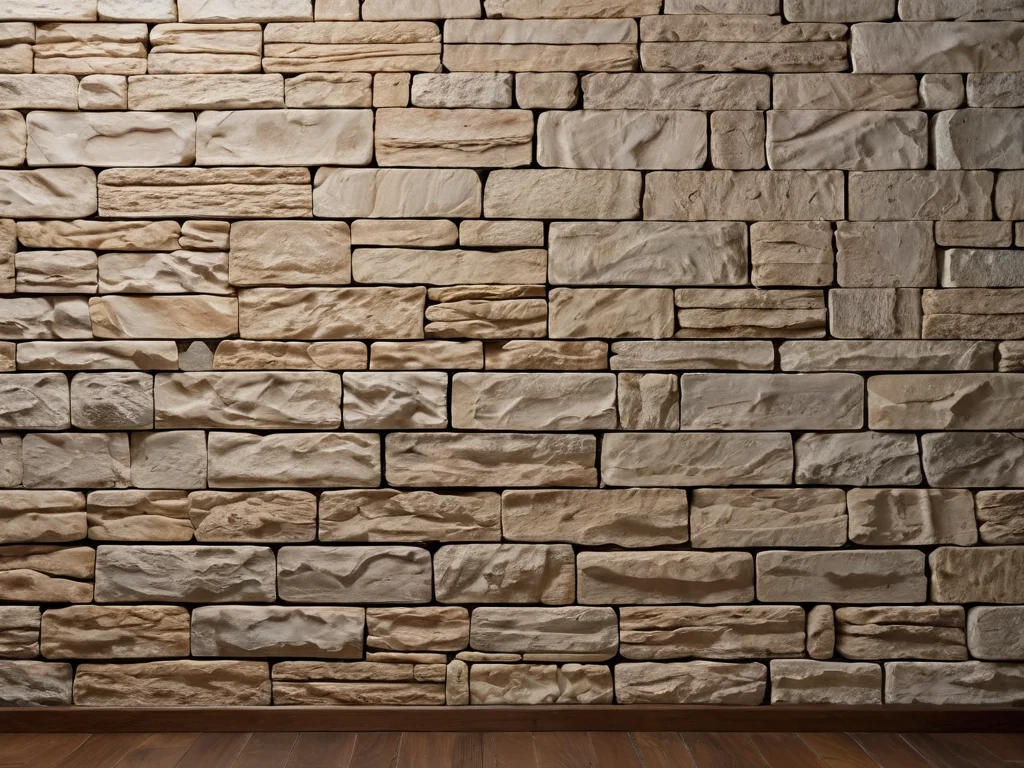 Decorative stone wall, showing typical installation errors: uneven joints and sloppy grouting, photorealistic image.