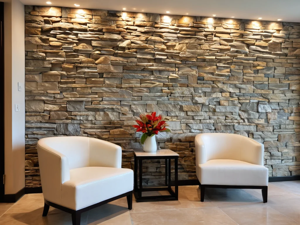 Stylish decorative stone wall in a modern interior, clean and well-maintained, with soft lighting, demonstrating the material's durability and beauty, photorealistic image.