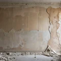 Фотореалистичное изображение внутренней стены с видимыми трещинами и повреждениями штукатурки, демонстрирующее необходимость армирования сеткой перед дальнейшей отделкой.