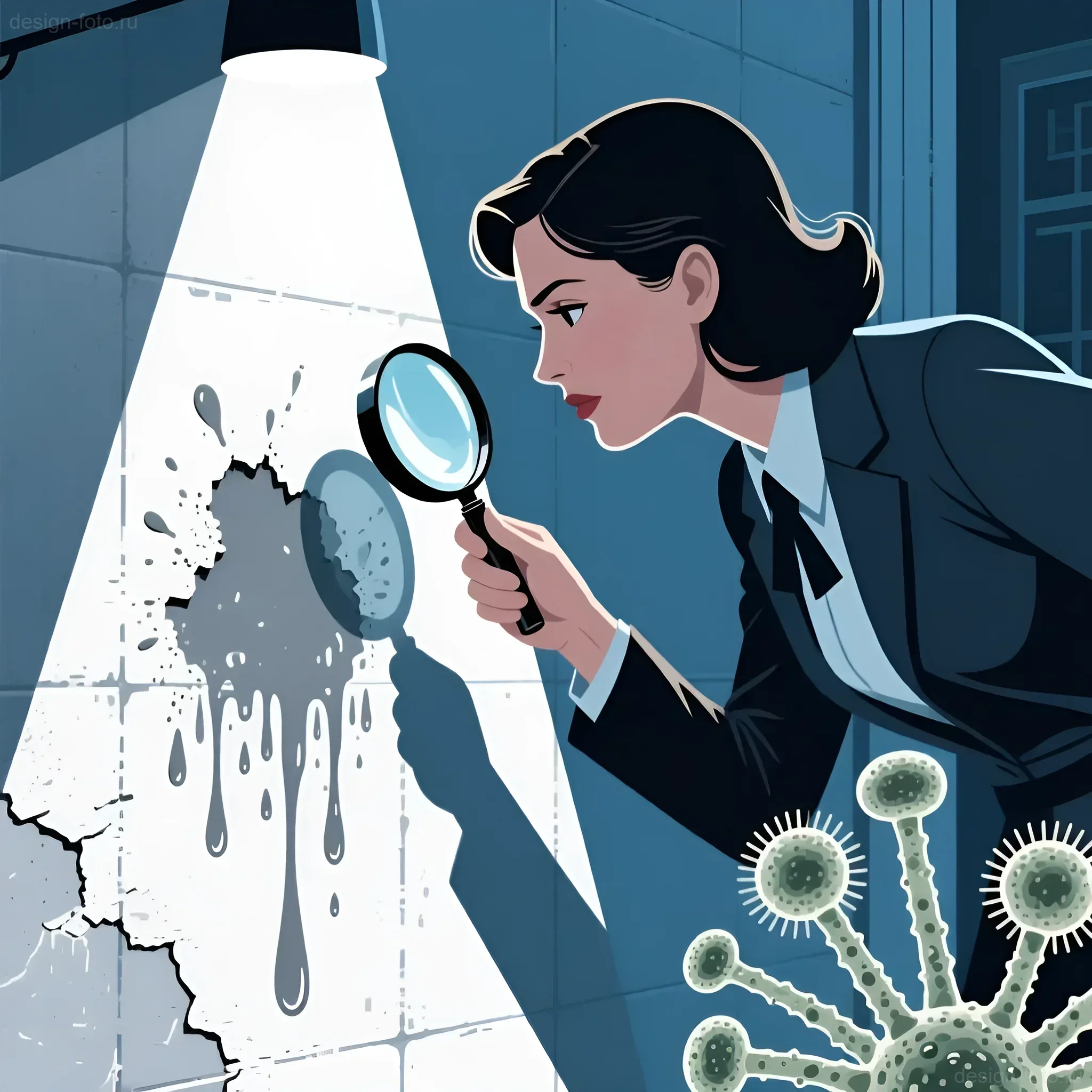 Иллюстрация: женщина с лупой исследует плесень на стене, символизирующая поиск источника неприятного запаха в квартире.