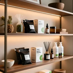 Современная полка с натуральными освежителями воздуха в минималистичном интерьере, акцент на экологичность и эстетику.