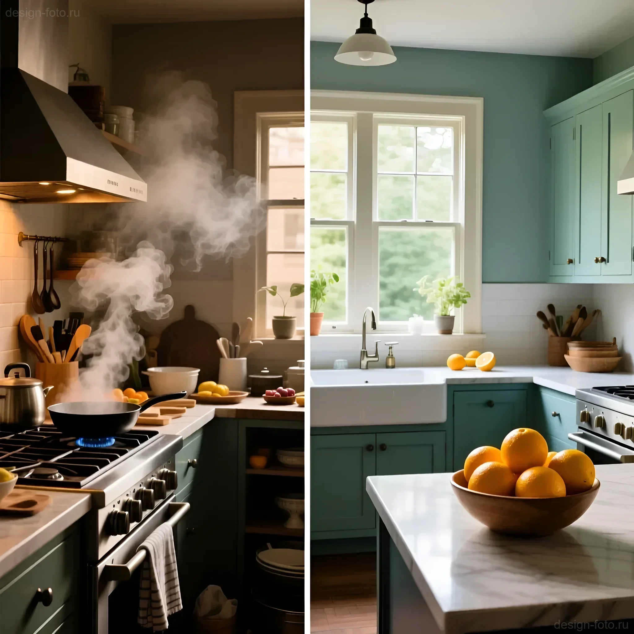 Кухня в бирюзовых тонах с белой плиткой и деревянной столешницей, процесс жарки на плите с поднимающимся паром.