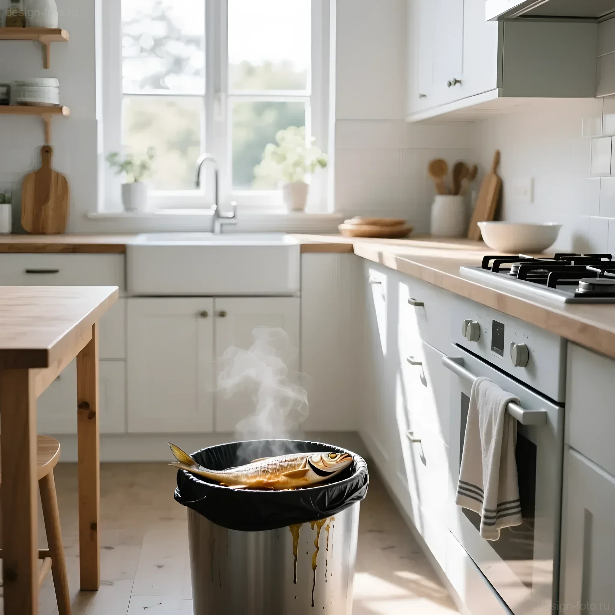 Фотография современной светлой кухни с открытым мусорным ведром, из которого исходит пар, символизирующий неприятный запах от испорченных продуктов.