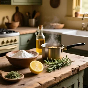 Натуральные освежители воздуха для кухни: лимон, розмарин, сода и оливковое масло на деревянной столешнице.