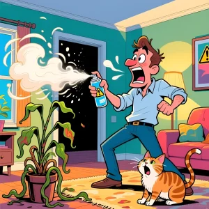 Мужчина в панике распыляет освежитель воздуха, который негативно влияет на домашнее растение и кота, иллюстрируя распространенные ошибки в борьбе с запахами.