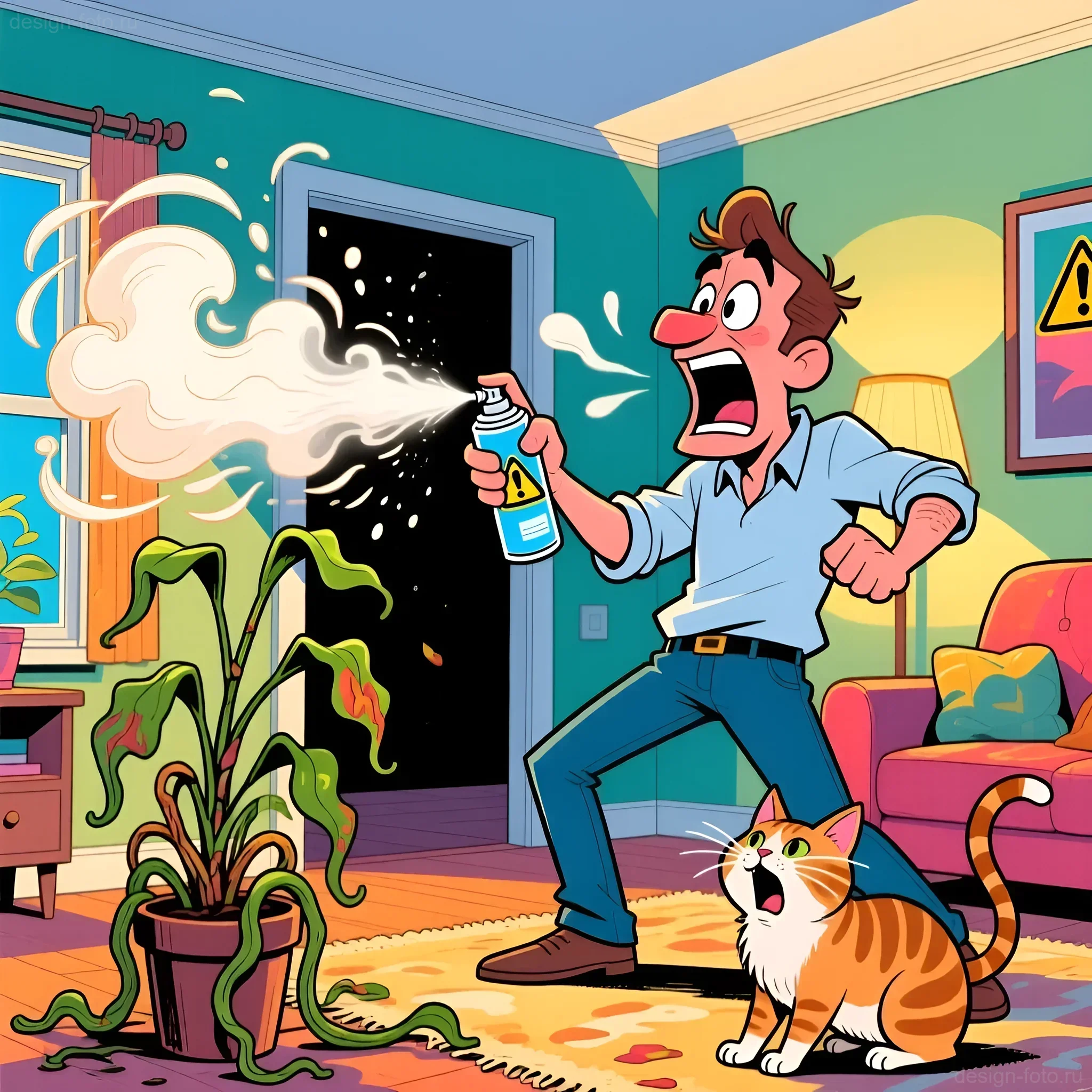 Мужчина в панике распыляет освежитель воздуха, который негативно влияет на домашнее растение и кота, иллюстрируя распространенные ошибки в борьбе с запахами.