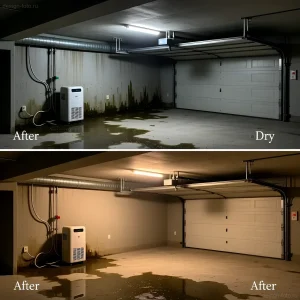 Фотография демонстрирует процесс сушки гаража после затопления с использованием промышленного осушителя воздуха, наглядно показывая разницу 'до' и 'после'.
