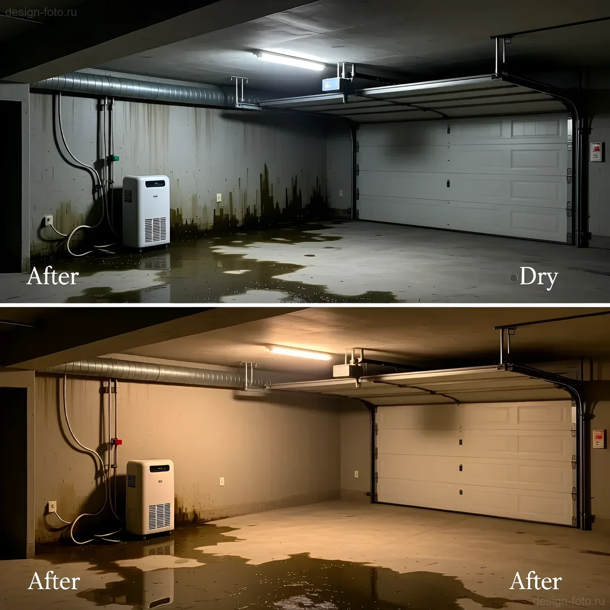 Фотография демонстрирует процесс сушки гаража после затопления с использованием промышленного осушителя воздуха, наглядно показывая разницу 'до' и 'после'.