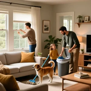 Семейная уборка в светлой гостиной: проветривание, вынос мусора и влажная уборка для поддержания чистоты и свежести воздуха.