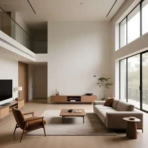Светлая гостиная в стиле минимализм с панорамными окнами и деревянной мебелью, демонстрирующая принципы организации пространства.