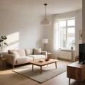 Современная гостиная в светлых тонах с минимальным количеством мебели и акцентом на естественное освещение.