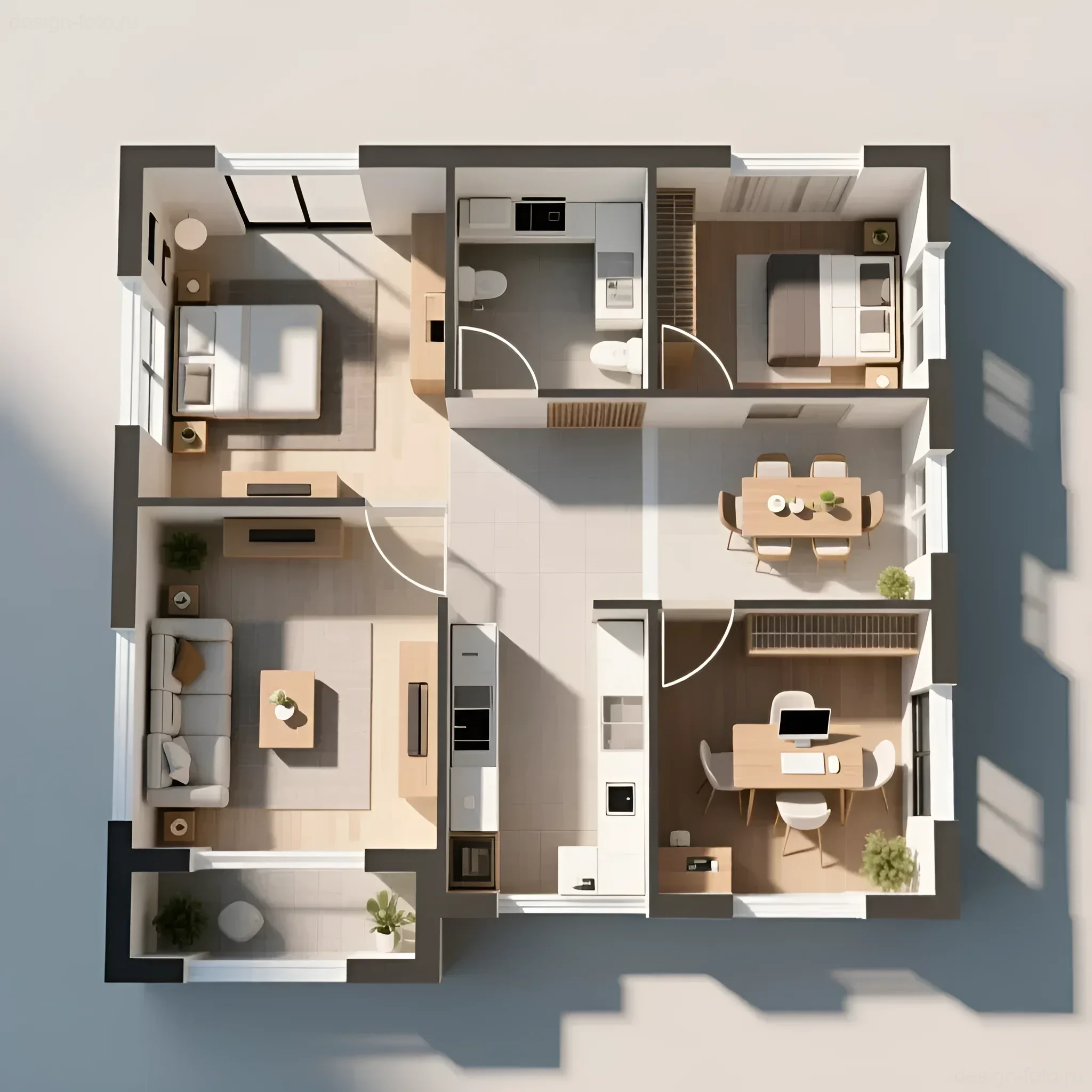 План современной квартиры в стиле минимализм с четким зонированием гостиной, кухни, спальни и ванной комнаты.