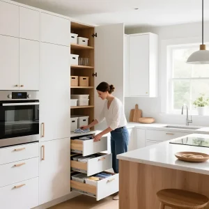 Женщина раскладывает вещи в аккуратных белых ящиках на современной минималистичной кухне с деревянной столешницей.