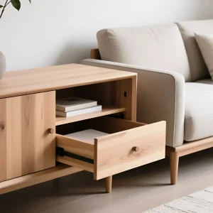 Светлый минималистичный интерьер гостиной с деревянным комодом и бежевым диваном, демонстрирующий функциональные системы хранения.