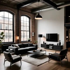 Современная гостиная в стиле лофт с черной мебелью, кирпичной стеной и большими окнами, демонстрирующая принципы минимализма и организации пространства.