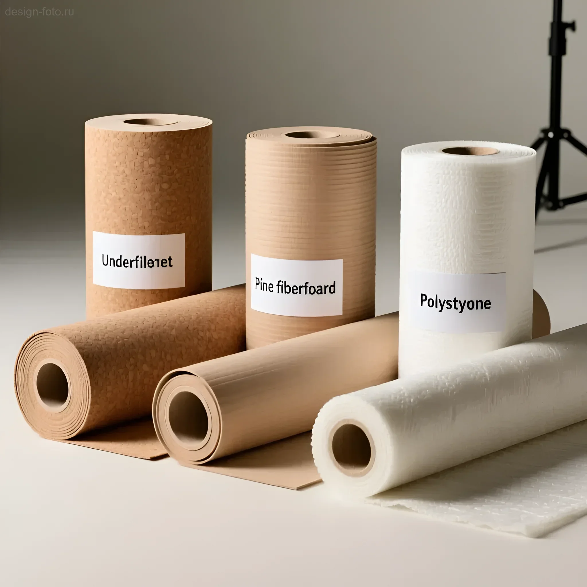 Сравнение рулонов подложки под ламинат: пробка, древесноволокнистая плита (хвоя) и полистирол, крупный план.