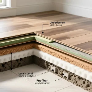 Схема слоев напольного покрытия: ламинат, различные типы подложек (пробка, хвоя, полистирол) и основание пола. Наглядно показаны преимущества каждого материала.