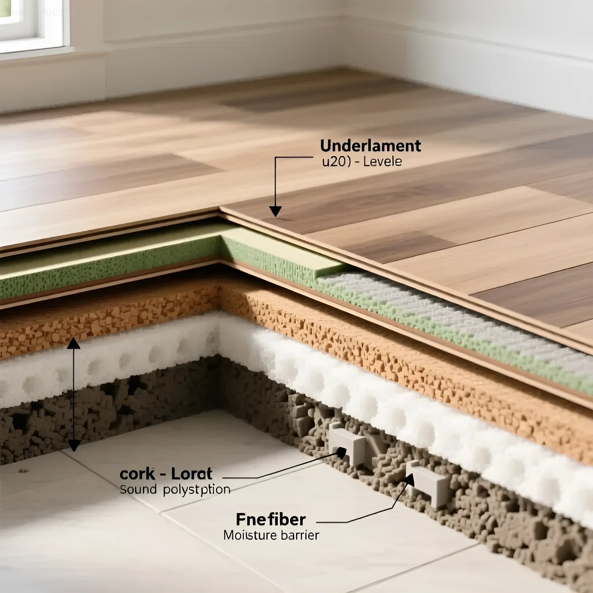 Схема слоев напольного покрытия: ламинат, различные типы подложек (пробка, хвоя, полистирол) и основание пола. Наглядно показаны преимущества каждого материала.