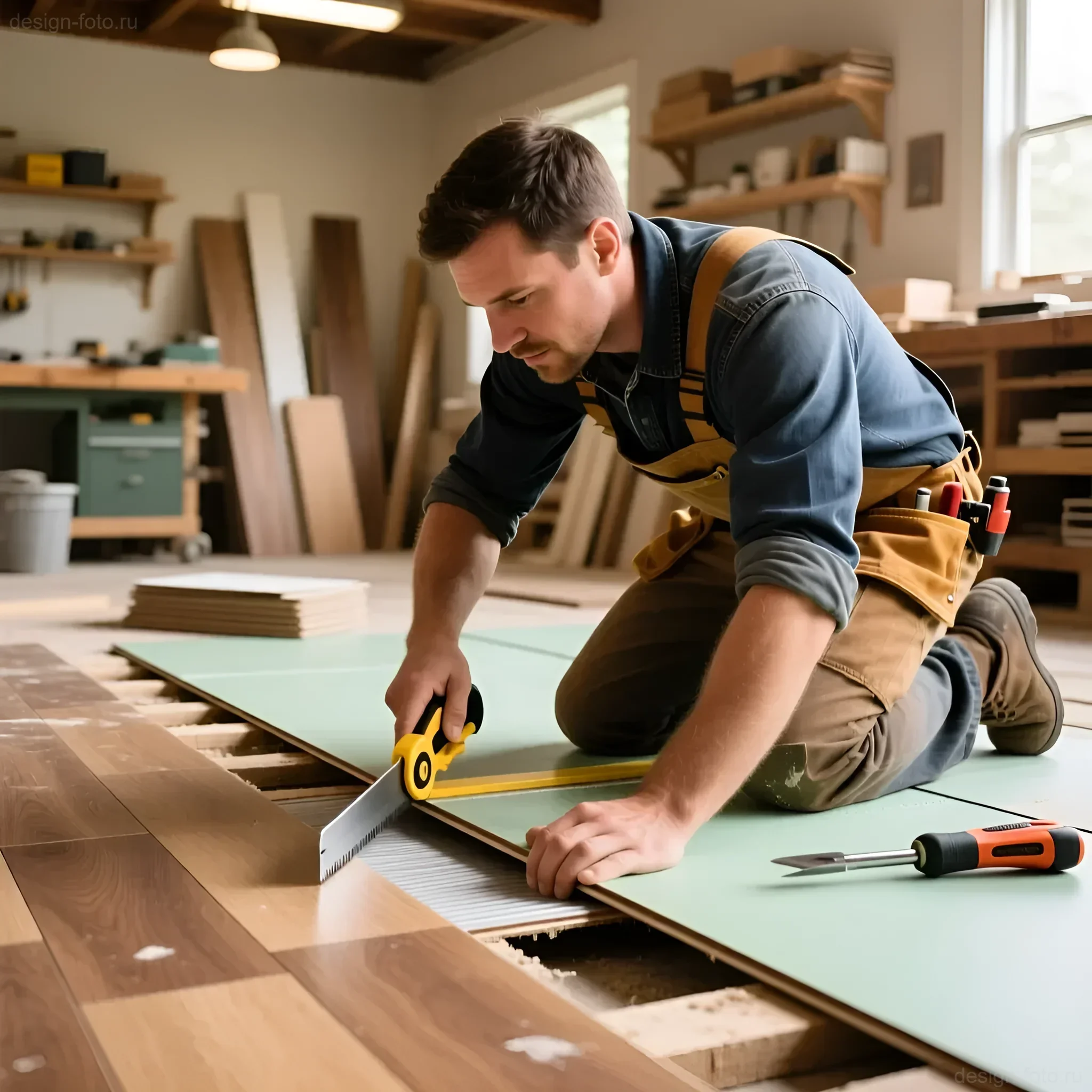 Мастер укладывает подложку под ламинат, используя рулетку и нож, на фоне деревянного пола и инструментов.