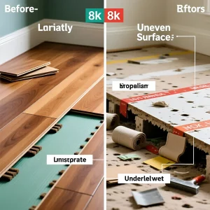 Сравнение правильной и неправильной укладки ламината с подложкой: до и после, демонстрирующее последствия выбора неподходящего материала.