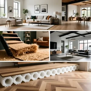 Фото интерьеров с ламинатом и различными типами подложек: пробка, хвоя, полистирол. Сравнение материалов для звукоизоляции и амортизации.