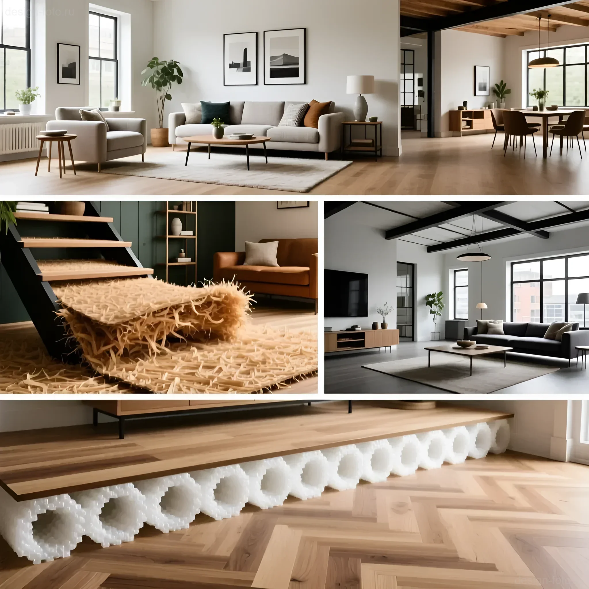 Фото интерьеров с ламинатом и различными типами подложек: пробка, хвоя, полистирол. Сравнение материалов для звукоизоляции и амортизации.