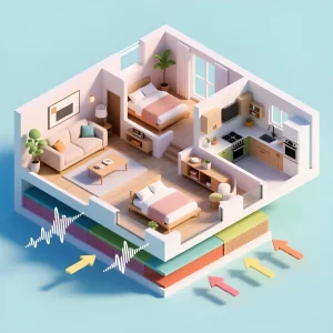 Схема разреза квартиры с ламинатом, демонстрирующая влияние подложки на звукоизоляцию и комфорт при ходьбе.