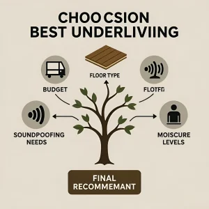 Инфографика выбора подложки под ламинат с учетом бюджета, типа пола, звукоизоляции и влажности.