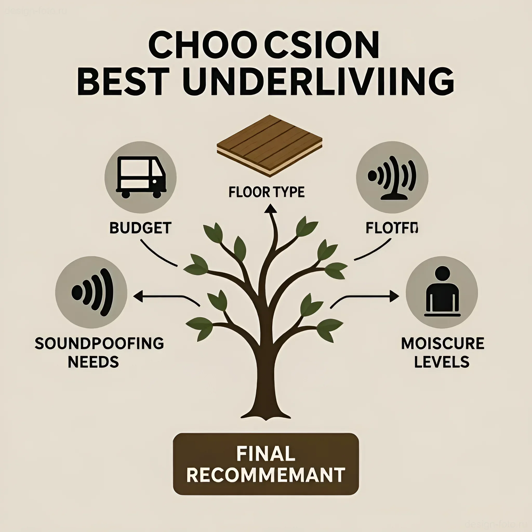 Инфографика выбора подложки под ламинат с учетом бюджета, типа пола, звукоизоляции и влажности.
