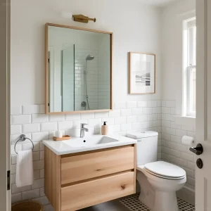 Светлая ванная комната с белой плиткой 'кабанчик', деревянной тумбой под раковину и графичным полом в черную клетку.