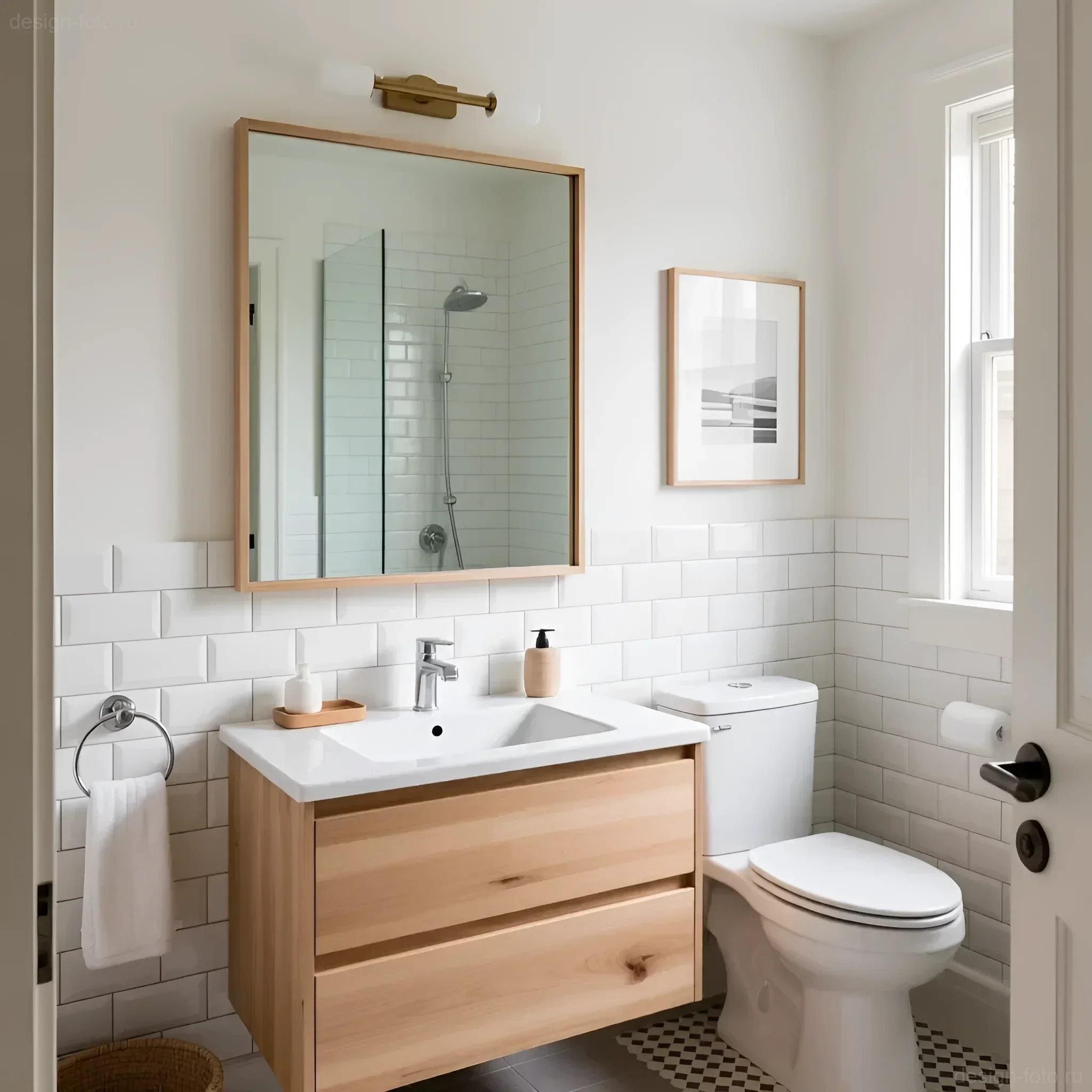 Светлая ванная комната с белой плиткой 'кабанчик', деревянной тумбой под раковину и графичным полом в черную клетку.