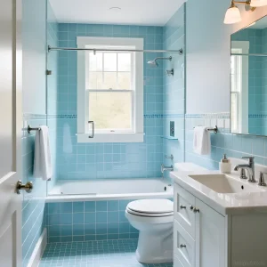 Светлая ванная комната, облицованная бирюзовой плиткой квадратной формы, с белой сантехникой и окном, пропускающим естественный свет.