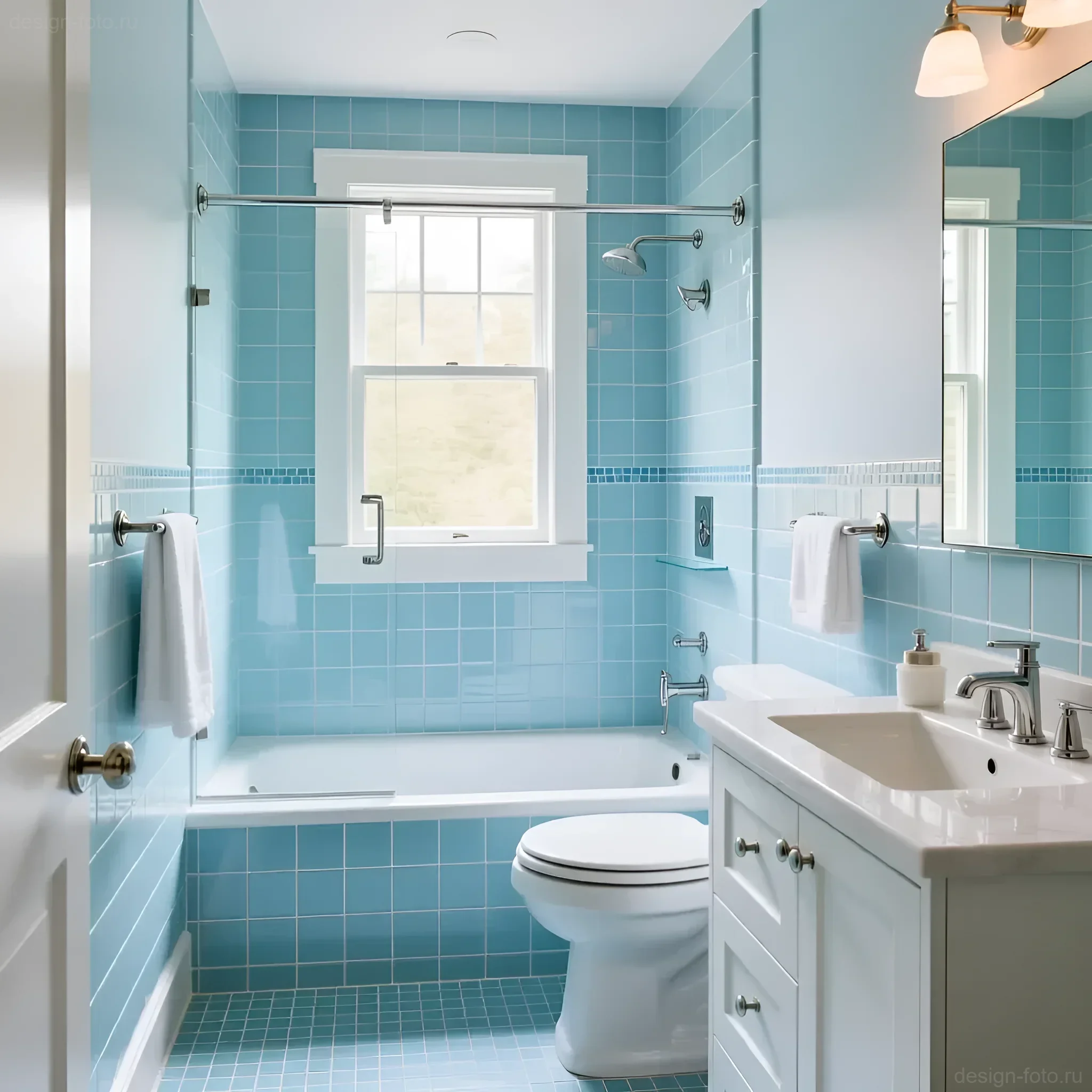 Светлая ванная комната, облицованная бирюзовой плиткой квадратной формы, с белой сантехникой и окном, пропускающим естественный свет.