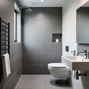 Современная ванная комната с крупноформатной графитовой плиткой и белой сантехникой, акцент на визуальном увеличении пространства.
