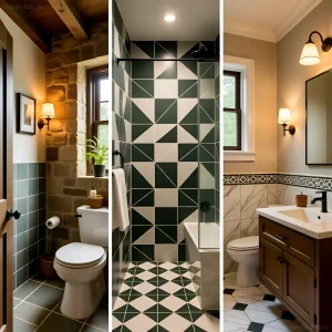 Дизайн маленькой ванной комнаты: плитка в геометрию, сочетание фактур, использование светлых и темных оттенков для визуального расширения пространства.