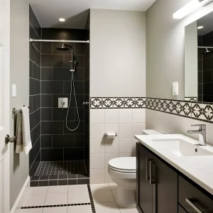 Современная ванная комната с черной и белой плиткой, душевой кабиной и белой сантехникой. Акцент на графичном дизайне и зонировании.